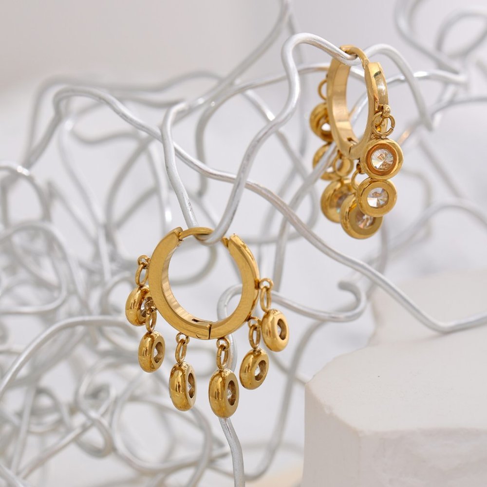 ^NEW 18K Gold Plated Round Diamond Drop Huggie Hoop Earrings - Picture 9 of 9